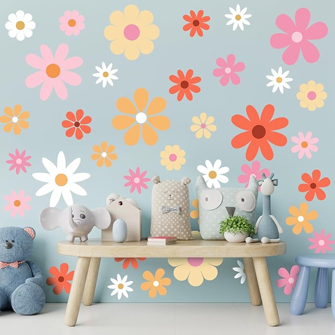 TaoBary 12 Sheets Daisy Wall Decal Flower Wall Sticker Cute Daisy Sticker Pink White Flower Decal Peel and Stick Floral Wallpaper for Nursery Bedroom Home Decor(Bright Color,Bright Style)