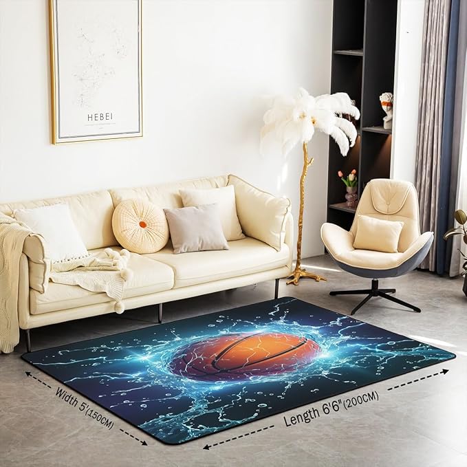 jejeloiu Basketball Area Rug 4x5 Sports Theme Living Room Rugs for Bedroom Soft Kids 3D Ball Decorative Carpet Inside Entryway Accent Rug Floor