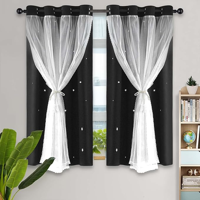 Kinryb Kids Blackout Curtains for Bedroom/Living Room/Classroom, Sheer Overlay Small 2 Panel Set, Double Layer Curtains with Star Cutout for Kids Room(W 52 x L 45 Inches,Black 2 Pcs)