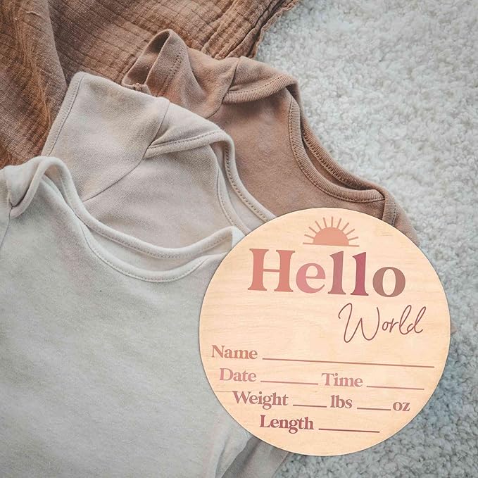 Hello World Newborn Sign - Baby Name Birth Announcement Plaque for Hospital - Photo Prop - Nursery Decor - Shower Gift