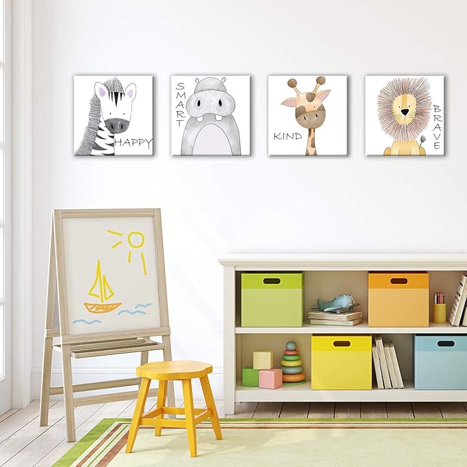 Oreichar Art Kids Wall Art Motivational Quote Painting Picture Safari Animals Canvas Print for Toddler Children's Room Bedroom Nursery Decoration (16"x16"x4pcs)