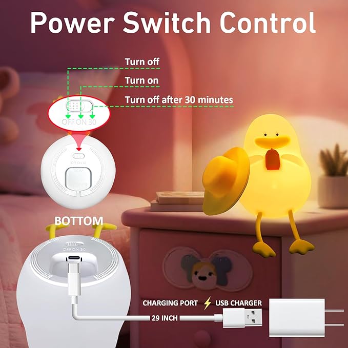 Cute Duck Night Light for Kids - 7 Color Squishy Silicone Duck Lamp, Rechargeable Portable Tap Control Duck Light for Nursery Bedside Room Decor Gift for Baby Boy Girl Birthday Christmas