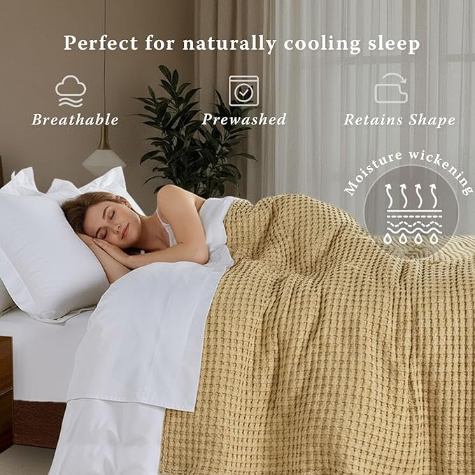 Threadmill Cooling Blanket Twin Size Waffle Weave| Breathable, Lightweight & Ultra-Soft | Made from Rayon Derived from Bamboo | Waffle Throw for Couch and Sofa | 68 x 92 Inches | Beige