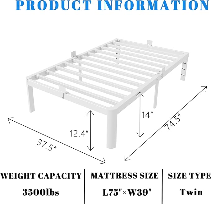 14 Inch Twin Bed Frames, White Bed Frame Twin Size with Metal Baffles, No Box Spring Needed, Heavy Duty Steel Platform Supprt, Rounded Corner Design, Reserved Holes, Noise Free, Storage Space