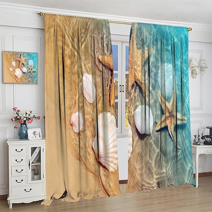 Beach Curtain for Bathroom Decor，Sea Turtle Starfish Seashell Nautical Ocean Coastal Scenery Art Printed Fabric Polyester Waterproof Set 2 Panels,63x72 Inches