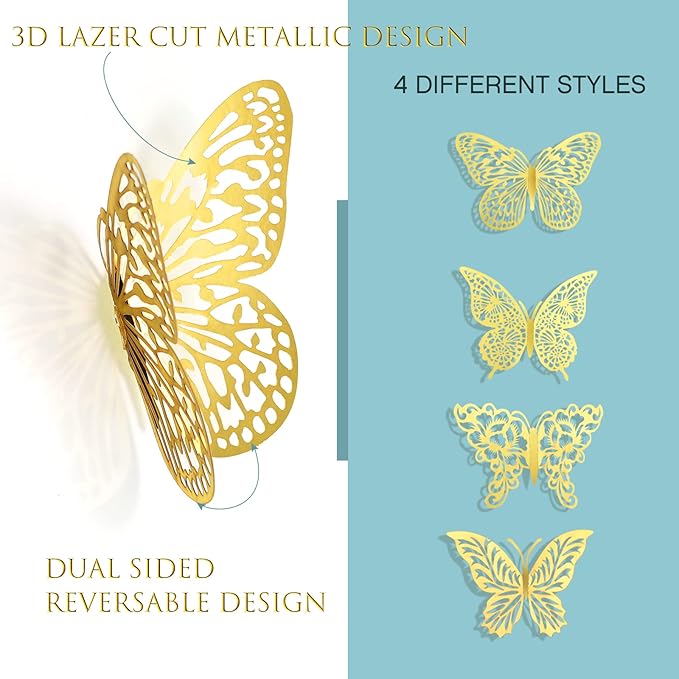 3D Gold Butterfly Wall Decor 3 Sizes 4 Styles Butterfly Party Decorations Cake Decorations Removable Stickers Wall Decor Room Mural Metallic Kids (Gold, 48Pcs)