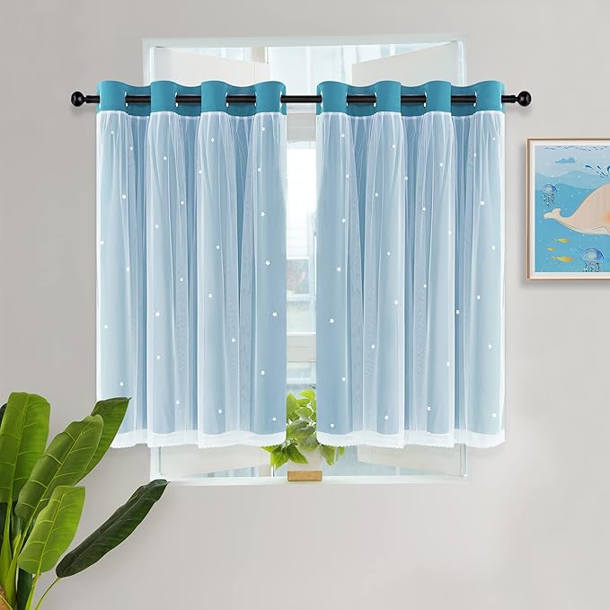 Kinryb Kids Blackout Curtains for Bedroom/Living Room/Classroom, Sheer Overlay Small 2 Panel Set, Double Layer Curtains with Star Cutout for Kids Room(W 52 x L 45 Inches,Sky Blue 2 Pcs)