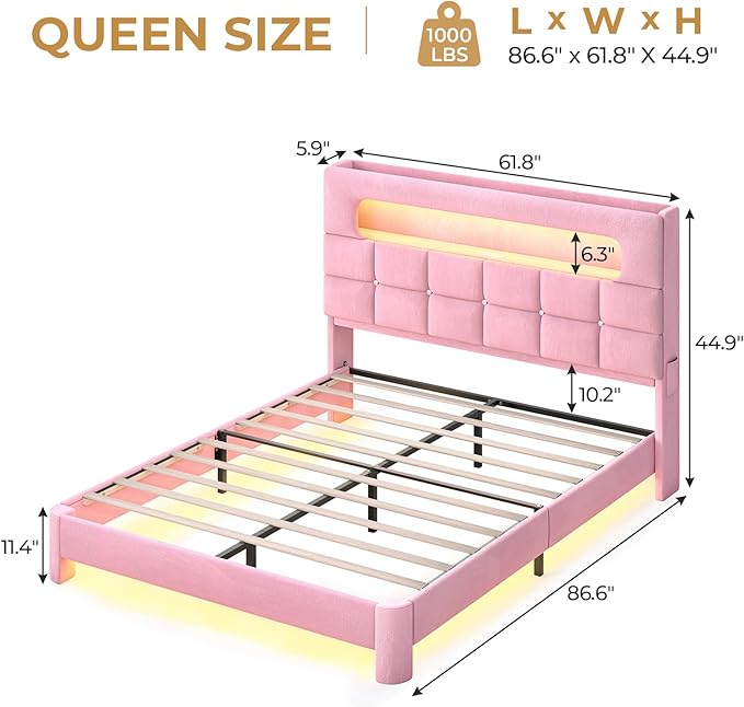 MSmask Queen Upholstered LED Bed Frame with 2-Tier Storage Bookcase Headboard, Velvet Princess Bed with Crystal Button Tufted Headboard & Charging Station, Girls Platform Bed, Curved Legs, Pink