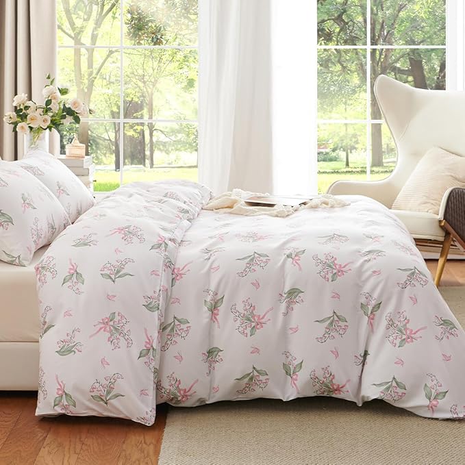 Duvet Cover Queen 3Pcs Pink Floral Bedding Set for Girls, Lily of The Valley with Butterfly and Bow Design, 1 Duvet Cover and 2 Pillowcases, Soft Breathable Microfibre Reversible