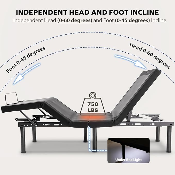 Twin XL Adjustable Bed Frame and 14 inch Memory Foam Mattress, Independent Head and Foot Incline Electric Bed with Massage, Wireless Remote, Zero Gravity, LED Lights, 2 USB Ports, Adjustable 12" Legs