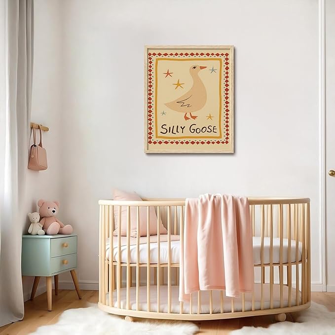 KISSFOX Framed Wall Art Nursery Wall Decor Yellow Silly Goose Pictures Kids Cute Animal Canvas Art Boho Whimsical Paintings Artwork For Children Boys Girls Room