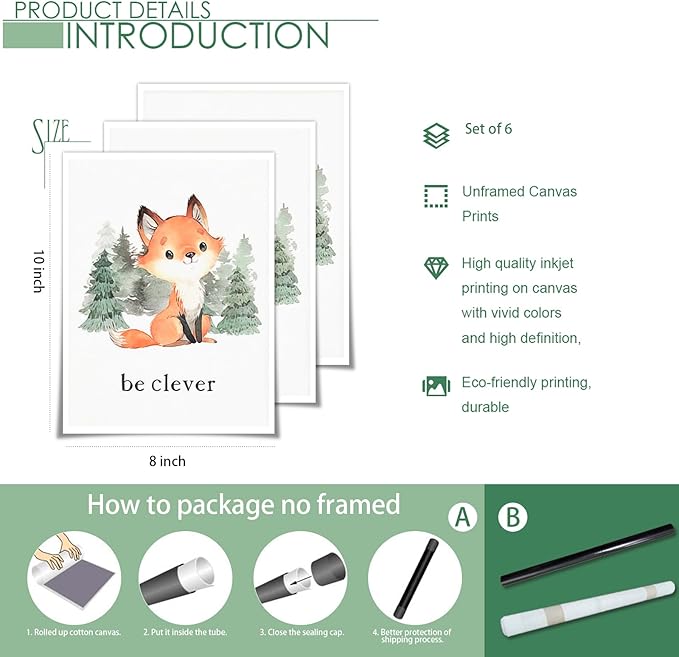 gooptyinh Woodland Nursery Animal Canvas Wall Art, 6 Piece Inspirational Forest Animals Print Posters, Motivational Quotes Cute Bear Fox Rabbit Deer Raccoon Owl Decor for Baby Bedroom 8x10in Unframed