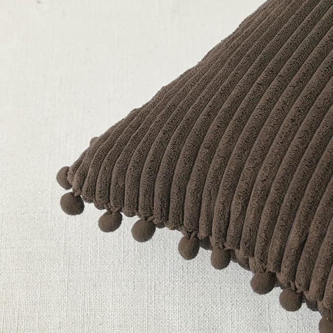 Fancy Homi Pack of 2 Dark Brown Decorative Throw Pillow Covers 22x22 Inch with Pom-poms for Couch Bed, Soft Corduroy Solid Square Cushion Case 55x55 cm, Farmhouse Boho Home Decor