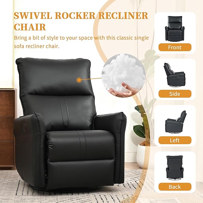 Swivel Rocker Recliner Chair, Upholstered 360° Fabric Leather Glider Rocker Chair for Nursery, Manual Small Recliners for Small Spaces Living Room Weight Capacity 300lbs