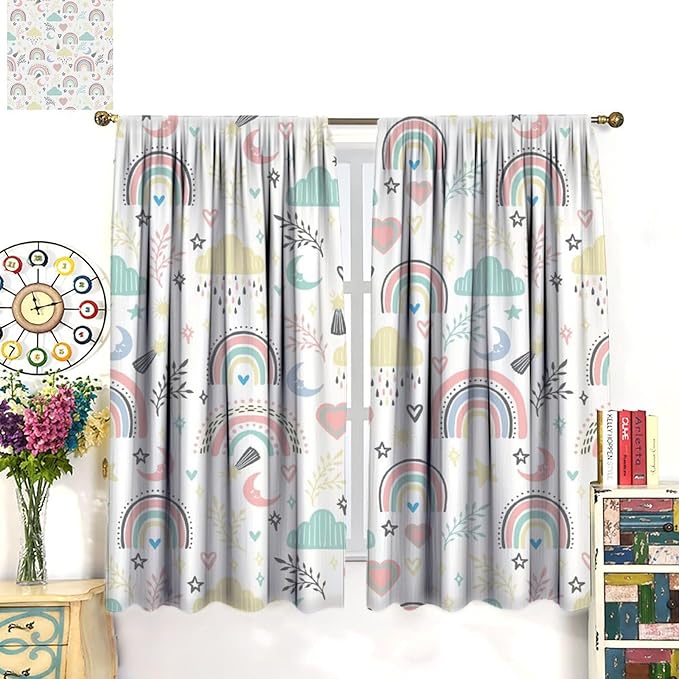 Boho Rainbow Curtains for Kids Nursery Colorful Floral Sun Star Clouds Pastel Bohemian Pattern Print Window Drapes for Girl Bedroom Living Room Kitchen Decor,2 Panel Set,52Wx84H Inch Blackout
