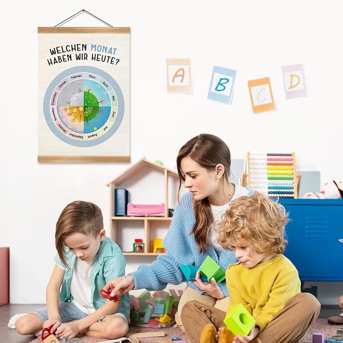 ZTGDA Kids Calendar Wall Hanging Poster,Educational Linen Wall Art with Wood Frame, Month & Seasons Wheel for Children Learning, Nursery Classroom or Playroom Decor, 12x16 Inch(Seasons)