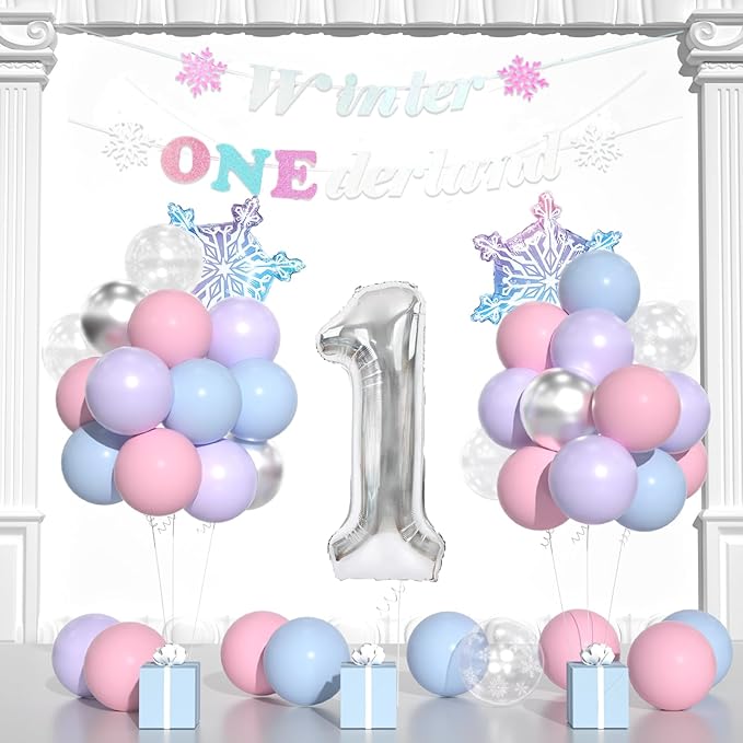 Winter Onederland 1st Birthday, Pink Purple Blue Balloons, Winter Onederland Birthday Decorations For Girls Boys,40 Inch Silver 1 Balloon And Banner for One Year Old BD Decorations