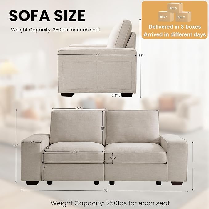 TEKAMON 73" Modular Sofa Couch with Seat Storage, Modern 2-Seater Chenille Fabric Loveseat Sofa for Living Room, Office, Apartment with Deep Seat, Wide Armrest, USB Port, Side Pockets, RemovableCover
