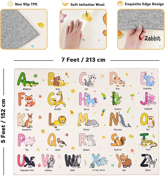 Kids Rugs for Playroom, 5x7 Feet Educational Rug for Learn The ABC Alphabet, Soft Machine Washable Non-Slip Cute Cartoon Animals Carpet for Classroom Toddler Nursery Kids Room Decor, Beige