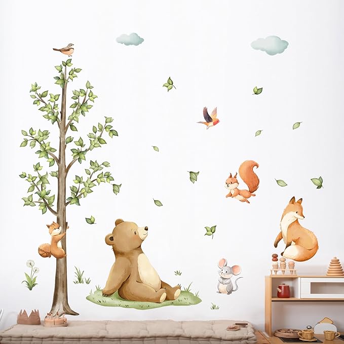Tanlaby Forest Animals Tree Wall Decals Bear Fox Safari Wall Stickers Peel and Stick Large Green Tree Art Decor for Baby Nursery Kids Toddler Bedroom Playroom