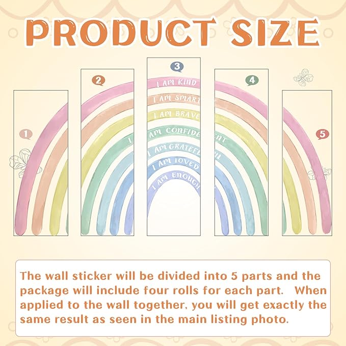 Tinideya 76.77x47.24'' Watercolor Large Rainbow Wall Decal Classroom Wall Decor with Inspirational Quote Peel and Stick Stickers Waterproof Wallpaper for Girls Kids Bedroom Nursery Playroom(Pastel)