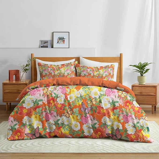 MAGRACE Duvet Cover Queen Size, 100% Cotton Duvet Cover Set, 3 PCS 800TC Ultra Soft Vivid Floral Bedding Look Luxurious Feel Modern Comforter Cover with 8 Corner Ties