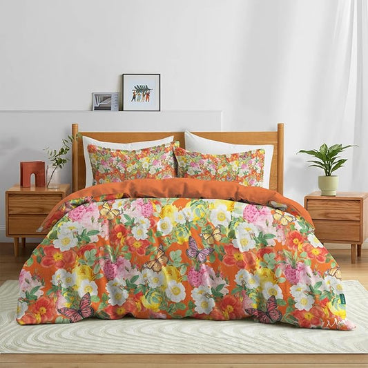 MAGRACE Duvet Cover Queen Size, 100% Cotton Duvet Cover Set, 3 PCS 800TC Ultra Soft Vivid Floral Bedding Look Luxurious Feel Modern Comforter Cover with 8 Corner Ties