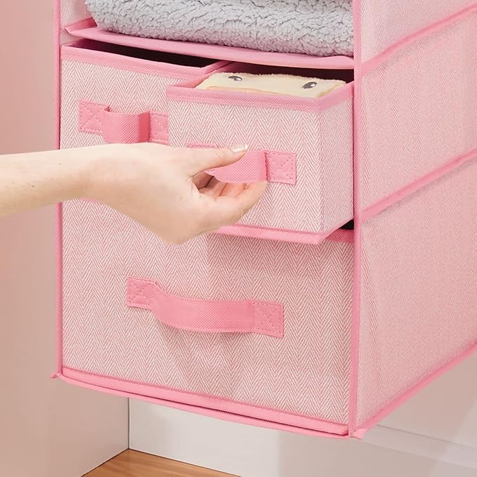 mDesign Fabric Hanging Organizer - Over Closet Rod Storage with 7 Shelves and 3 Removable Drawers for Baby Nursery or Bedroom Organization - Holds Clothes, Linens, Toys, Accessories - Pink Herringbone