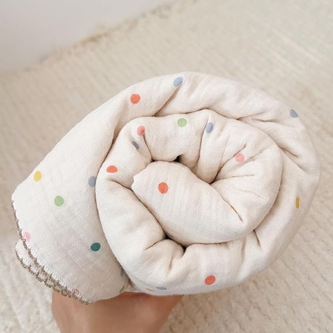 BuLuTu Muslin Blankets for Toddler Baby Boys Girls 100% Cotton Toddler Quilt Baby Blanket Reversible Nursery Crib Blanket, Soft Breathable, Colorful Dots Pattern, 47"x51"