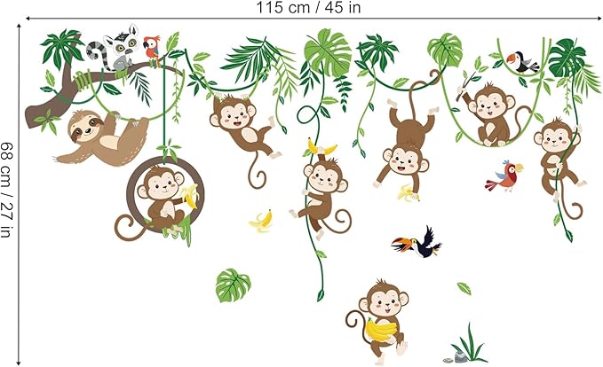 decalmile Monkey Climbing Tree Wall Decals Jungle Animals Tree Branch Sloth Wall Stickers Living Room Baby Nursery Kids Room Wall Decor