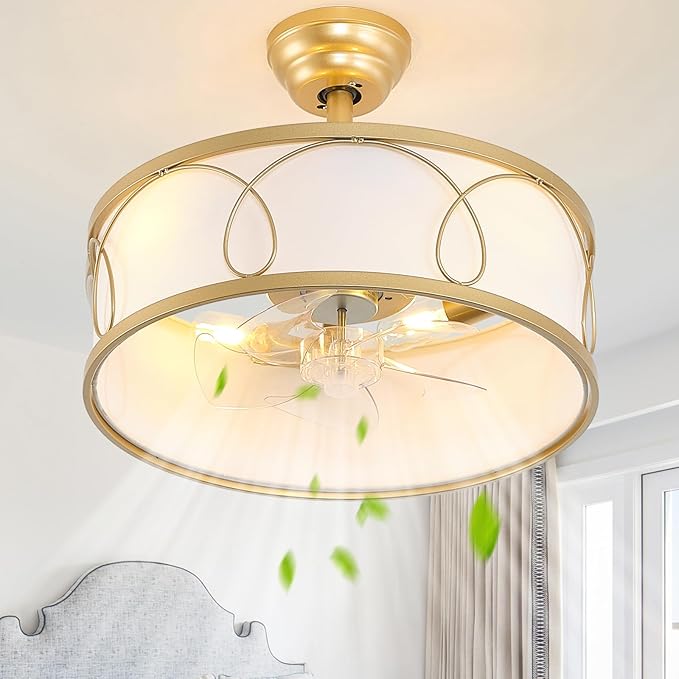 20" Gold Fandelier Ceiling Fan with Light, Fabric Boho Chandelier Ceiling Fans with Lights Remote Control, Mid-Century Modern Caged with 6 Speeds for Bedroom, Nursery (FS-BG01)