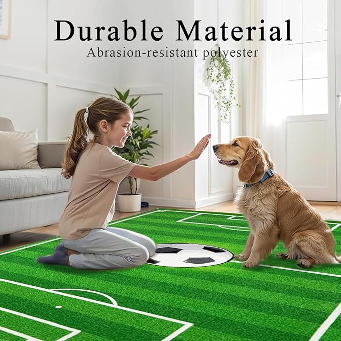 Washable Low Pile Soccer Rug 5x7- Soccer Field Mat for Boys Bedroom, Non-Slip Sports Room Decor, Durable Kids Playroom Rug, Nursery Floor Mat