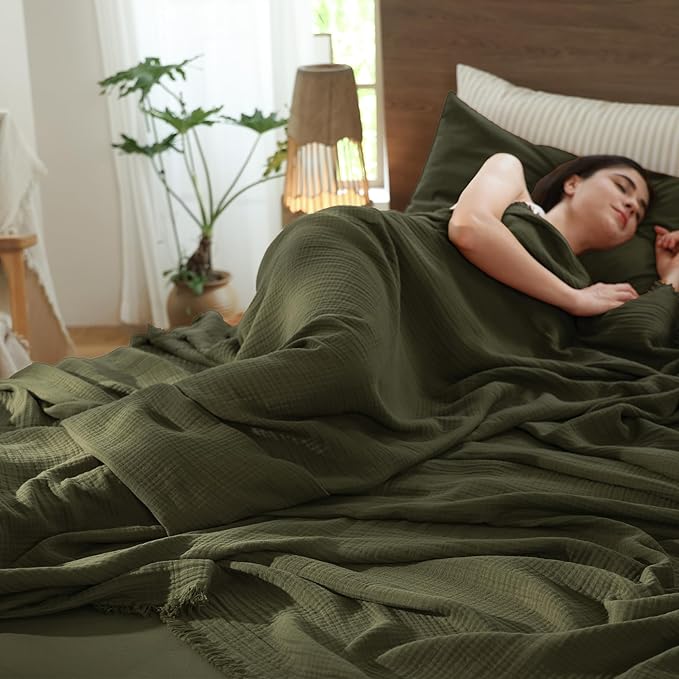 MooMee Muslin Blanket - 100% Cotton 4-Layer Gauze Throw Blanket with All-Around Fringe, Ultra-Soft Breathable Lightweight Cooling Decorative for Bed, Sofa & Couch (Olive Green,Throw XL 50" x 70")