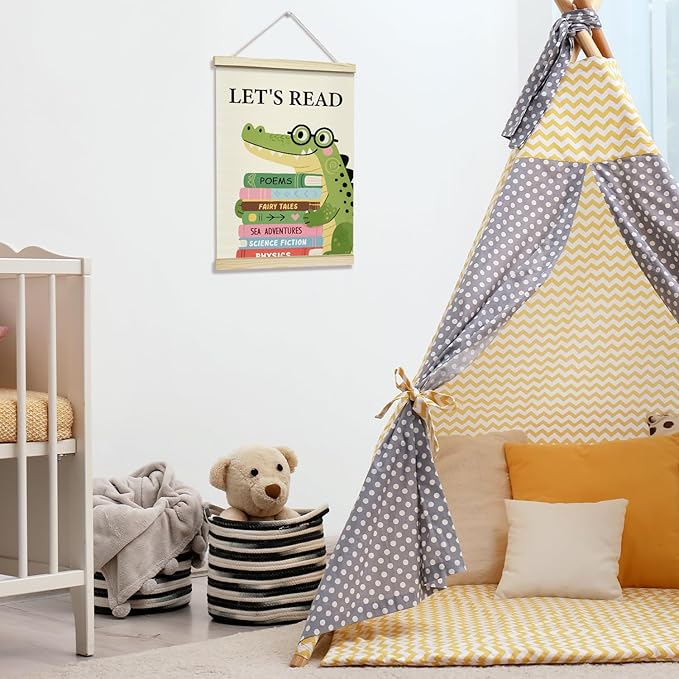TRKAE Let’s Read Canvas Poster Hanger Frame, Crocodile Animals Learning Wall Art for Kids, Reading Wall Decor for Classroom Nursery Playroom Bedroom -035