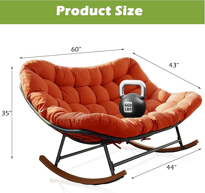 Double Papasan Rocking Chair Outdoor & Indoor, 660LBS Capacity Oversized Patio Rocking Chair for 2-Person with Thick Cushion and Frame, Egg Rocking Chair for Garden, Deck, Living Room, Red