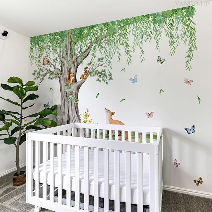 Large Pendulous Tree Woodland Forest Wall Decals, Hanging Green Tree with Animals Birds Wall Stickers for Nursery Kids Room Wall Decor, 74.8x42.5 inch