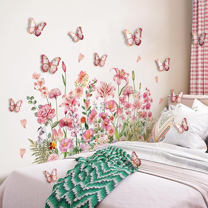 Wildflower Flower Wall Stickers Daisy Lily Wall Decals Butterfly Pink Floral Wall Decor for Girls Bedroom Baby Nursery Kids Room Wall Decor