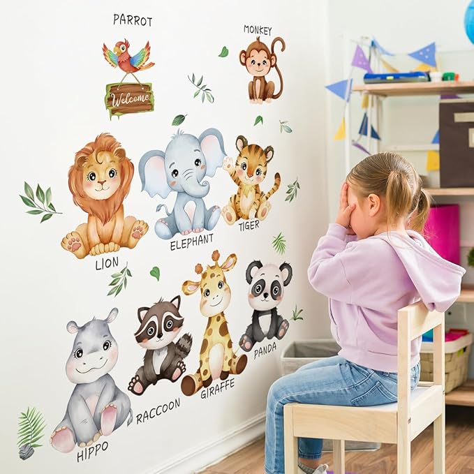 Large Safari Animals Educational Wall Decals Jungle Animals Wall Stickers Lion Panda Giraffe Monkey Tiger Wall Decor Murals for Nursery Kids Room Playroom