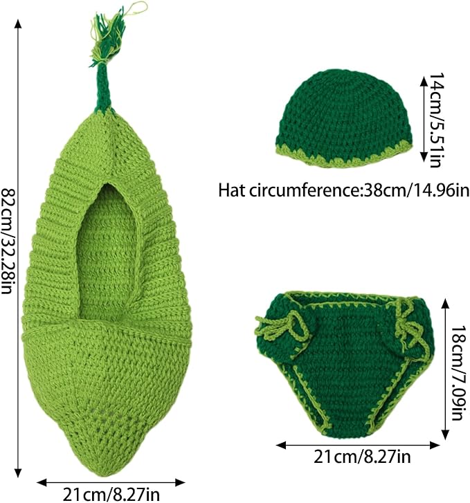 3Pcs Baby Photo Shoots Costume Set Green Bean Shaped Sleep Bag With Hat And Diaper Shorts For Newborns 0-3 Months Infant