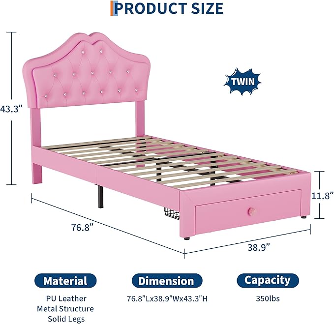 Garvee Twin Size Bed Frame with LED Lights & Velvet Crystal Button Headboard, Upholstered Princess/Girl Platform Bed with Storage Drawer, Noise Free, No Box Spring Needed for Kids, Teens, Pink