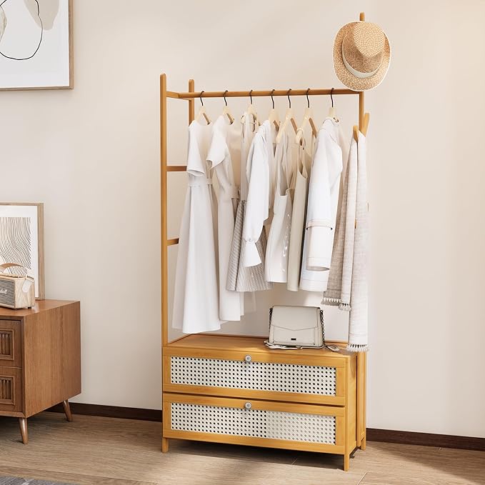 Clothing Rack with Shelves,Bamboo Clothes Rack,Natural Clothes Rack Hanging,Drawers Hanging Racks,Garment Racks with Shelves (27.6inch Width Natural with Rattan Door)