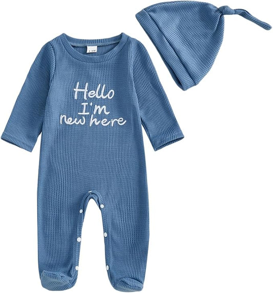 Hello I'm New Here Newborn Outfit Boy Letter Embroidery Waffle Knit Long Sleeve Footed Jumpsuit Coming Home Outfit Hat