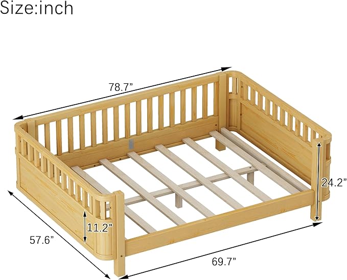 KEIKI Full Size Wooden Floor Bed, Montessori Platform Bed Frame with Low Profile & Safety Rails, Space Saving Kids Beds for Boys Girls Bedroom, No Box Spring Needed, Easy Assembly, Noise Free, Brown