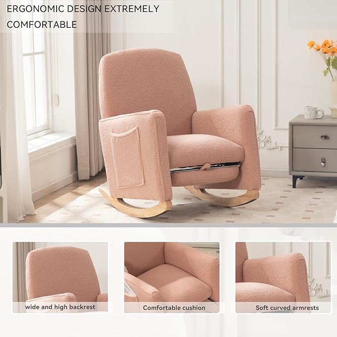 FOXHUNTER Rocking Chair Nursery with Adjustable Footrest and High Backrest, Upholstered Glider Chairs with Side Pockets for Nursery, Rocker Armchair Indoor for Living Room,Pink