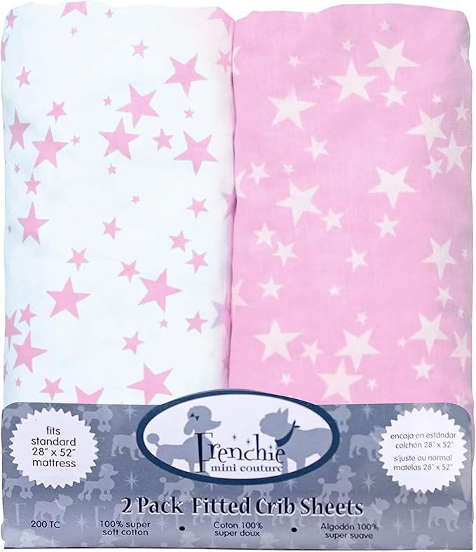 Frenchie Mini Couture Fitted Crib Sheets 100% Woven Cotton Fits Toddler Mattress, Pink Stars, 28 x 52inx8in, 2-Pack