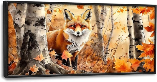 Large Fall Fox Wall Art for Living Room, Framed Oversized Autumn Forest Wall Decor Tree Maple Leaves Canvas Painting Modern Artwork for Living Room Bathroom Bedroom Office Dining Room 60"x30"