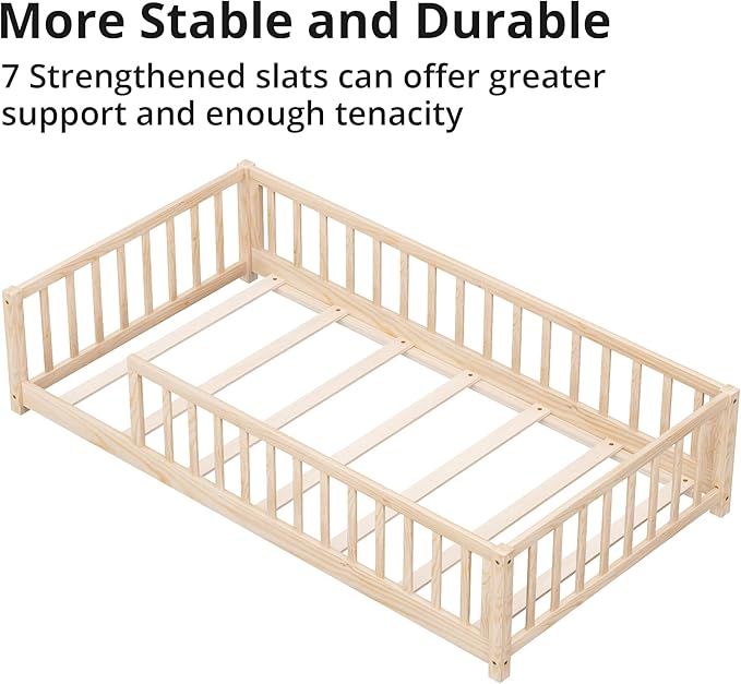 LLS Twin Floor Bed for Kids Solid Wood Montessori Bed Frame with Safety Guardrails Multifunctional Montessori Floor Bed for Toddlers, Without Door, Natural