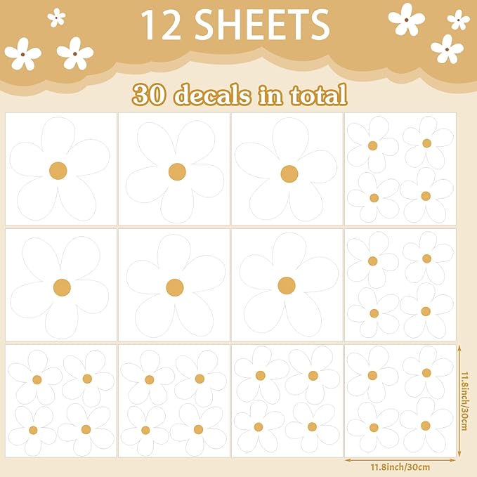 TaoBary 12 Sheets Daisy Wall Decal Flower Wall Sticker Cute Daisy Sticker Pink White Flower Decal Peel and Stick Floral Wallpaper for Nursery Bedroom Home Decor(White, Yellow,Stylish Style)