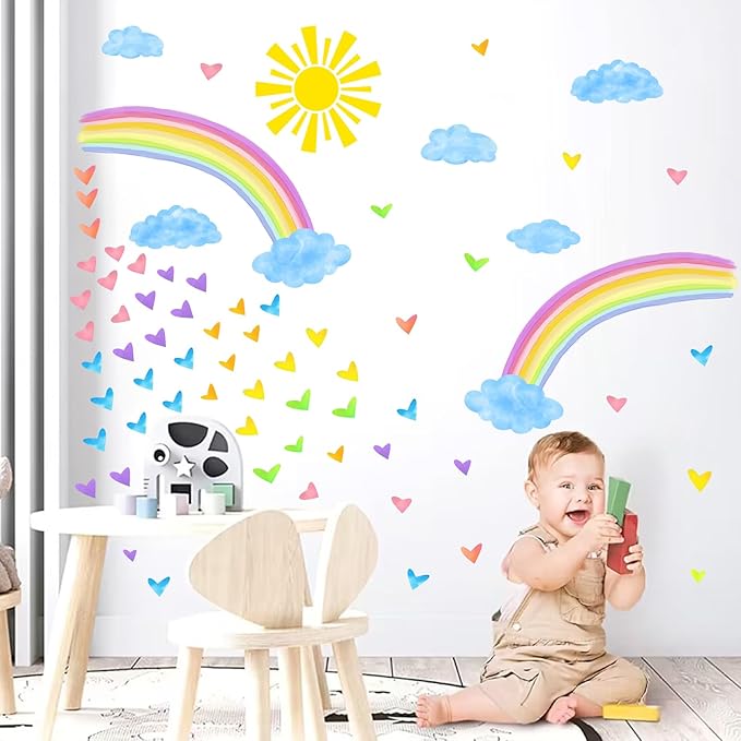 Colorful Rainbow Wall Stickers Watercolor Sun Clouds Wall Decals Cute Hearts Stickers for Girls Removable Peel and Stick Large Rainbow Decals for Girls Kids Room Nursery Classroom Decor