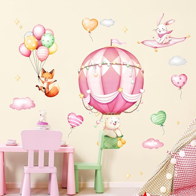Hot Air Balloon Wall Decals for Girls, Cartoon Bear Fox Rabbit Wall Stickers Peel and Stick Vinyl Decor for Baby Nursery Room Toddlers Bedroom Playroom